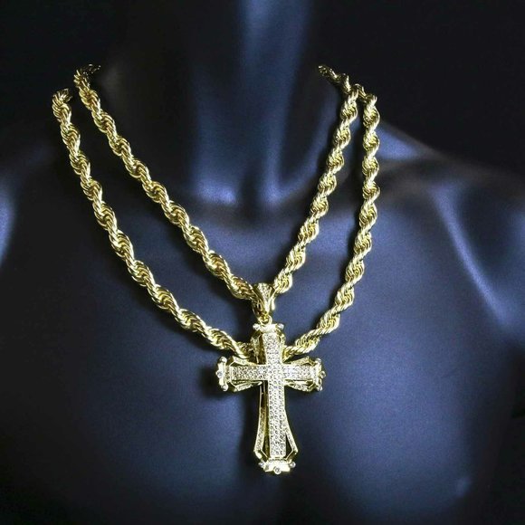 14k Gold Cross 20" + 24" Rope Chain + Pendant - Picture 1 of 6